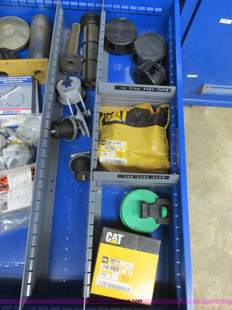 image for item V9965 Equipto parts bin and assorted Caterpillar parts