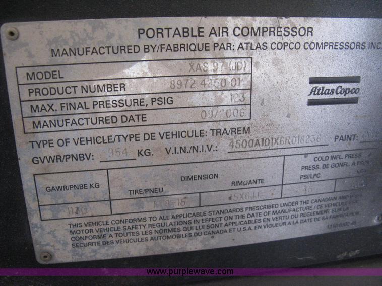 image for item E3380 2006 Atlas Copco XAS 97 air compressor