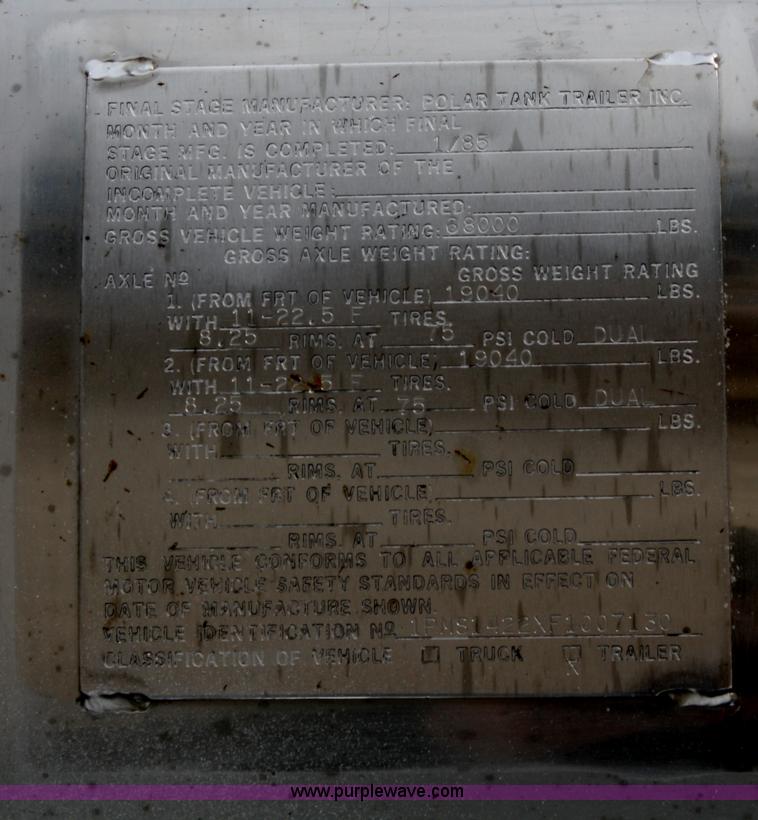 image for item F2798 1985 Polar stainless steel tanker trailer