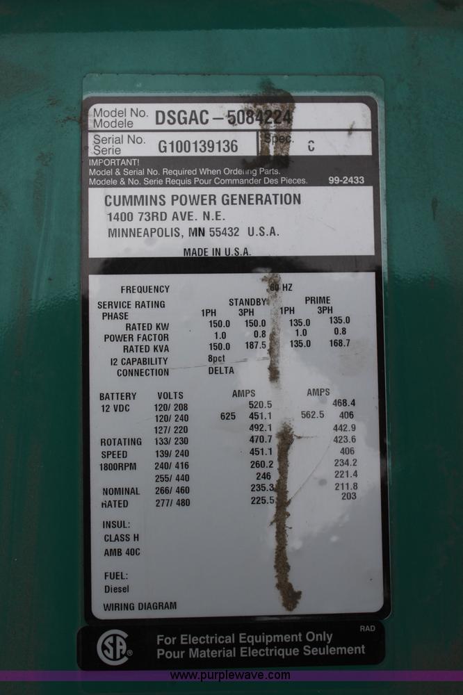 image for item G5494 2010 Cummins Power 150 kW diesel power generator set