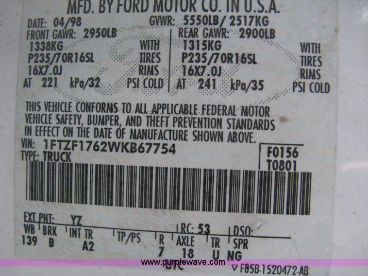 image for item E3478 1998 Ford F150 XL Pickup truck