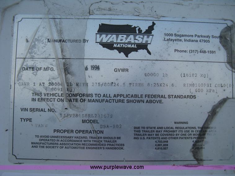 image for item D8287 1994 Wabash 28' dry van trailer