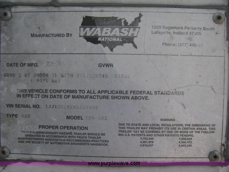 image for item D8293 1994 Wabash 28' dry van trailer