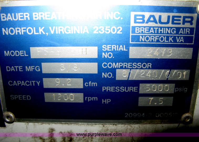 image for item D8314 1981 Bauer FS9E1H breathing air support compressor