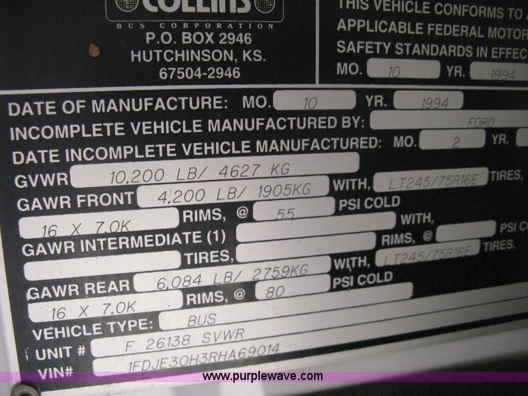 image for item D8365 1994 Ford E350 Collins transit bus