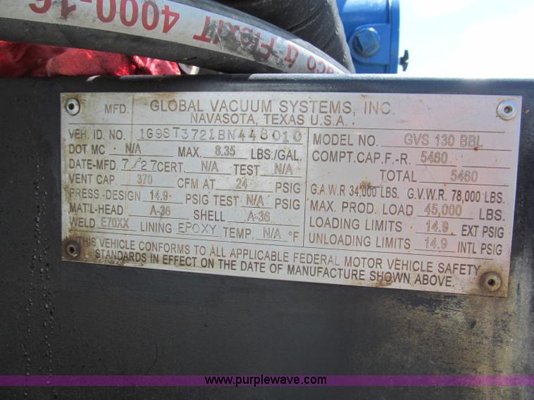image for item F5075 2011 Global Vacuum Systems 130 barrel vac trailer