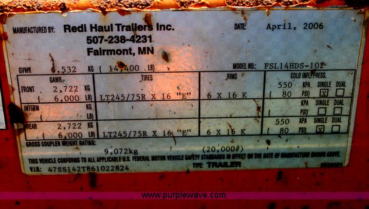 image for item G5198 2006 Redi Haul tandem axle trailer