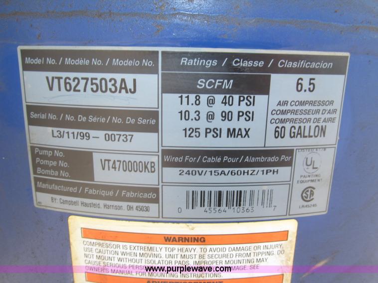 image for item K9727 1999 Campbell Hausfeld 60 gallon vertical air compressor