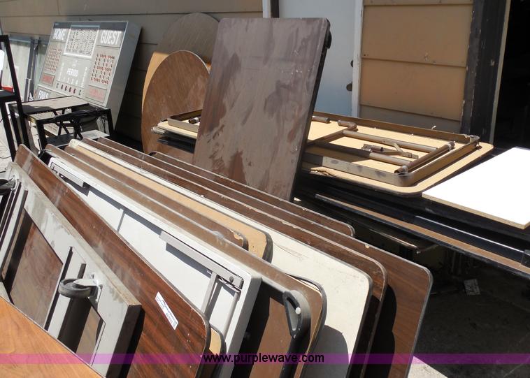 image for item AN9743 Approximately 15 assorted folding tables and flatbed table cart
