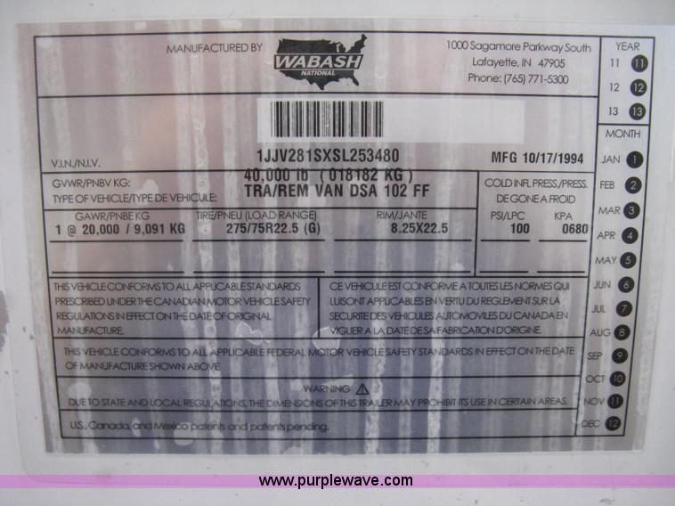 image for item D8289 1995 Wabash 28' dry van trailer