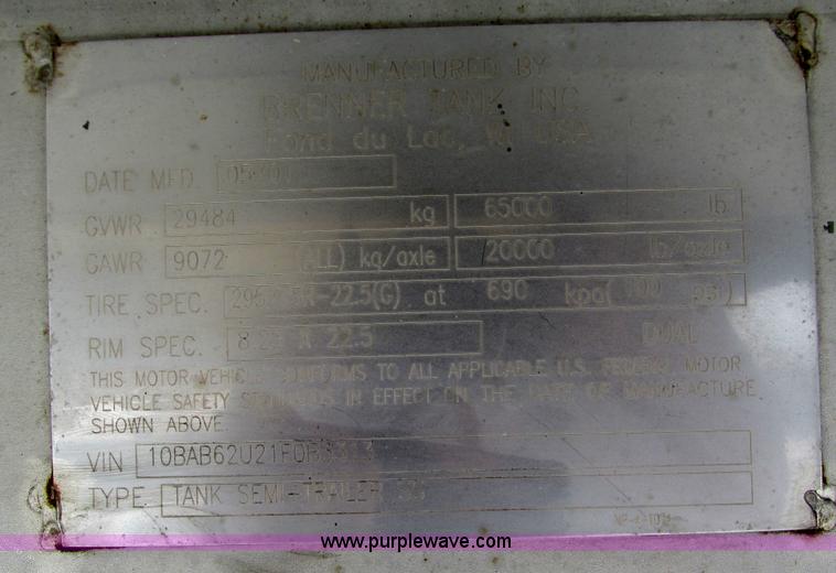 image for item G9468 2001 Brenner insulated tank trailer