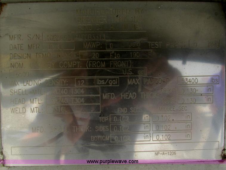 image for item G9468 2001 Brenner insulated tank trailer