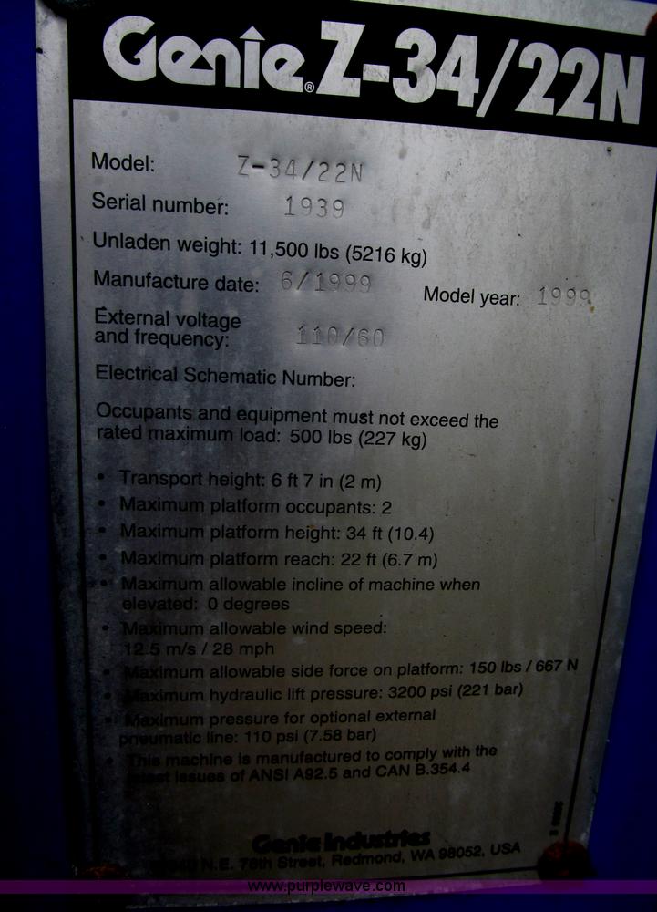 image for item F7076 1999 Genie Z34/22N narrow electric boom lift