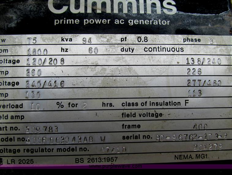 image for item G3385 Cummins 75 kW generator