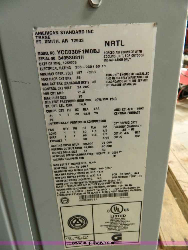 image for item G7982 2003 Trane AC and heat unit