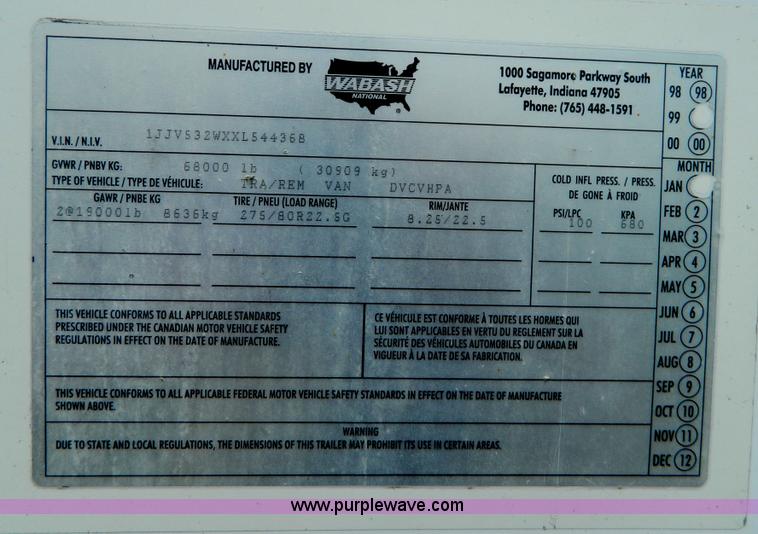 image for item D6012 1999 Wabash dry van trailer