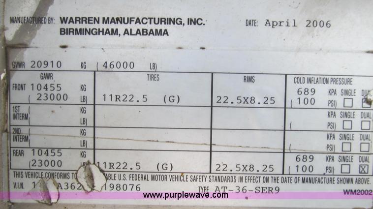 image for item G2075 2006 Warren bulk aluminum feed trailer