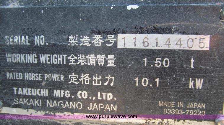 image for item G2097 2007 Takeuchi TB016 compact excavator