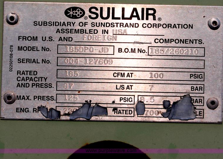image for item I8193 1998 Sullair 185 DPQ-JD mobile compressor
