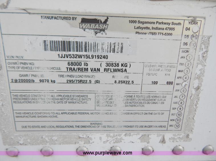 image for item B5884 2005 Wabash 53' reefer trailer