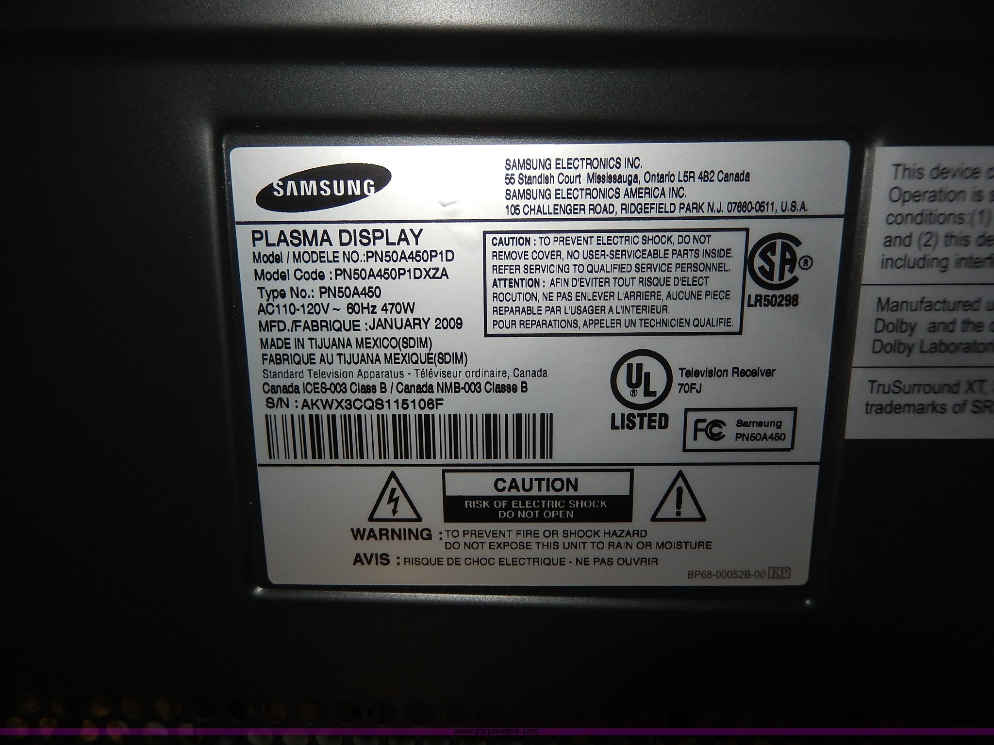 Samsung PN50A450P1DXZA 50" plasma television in Manhattan, KS Item