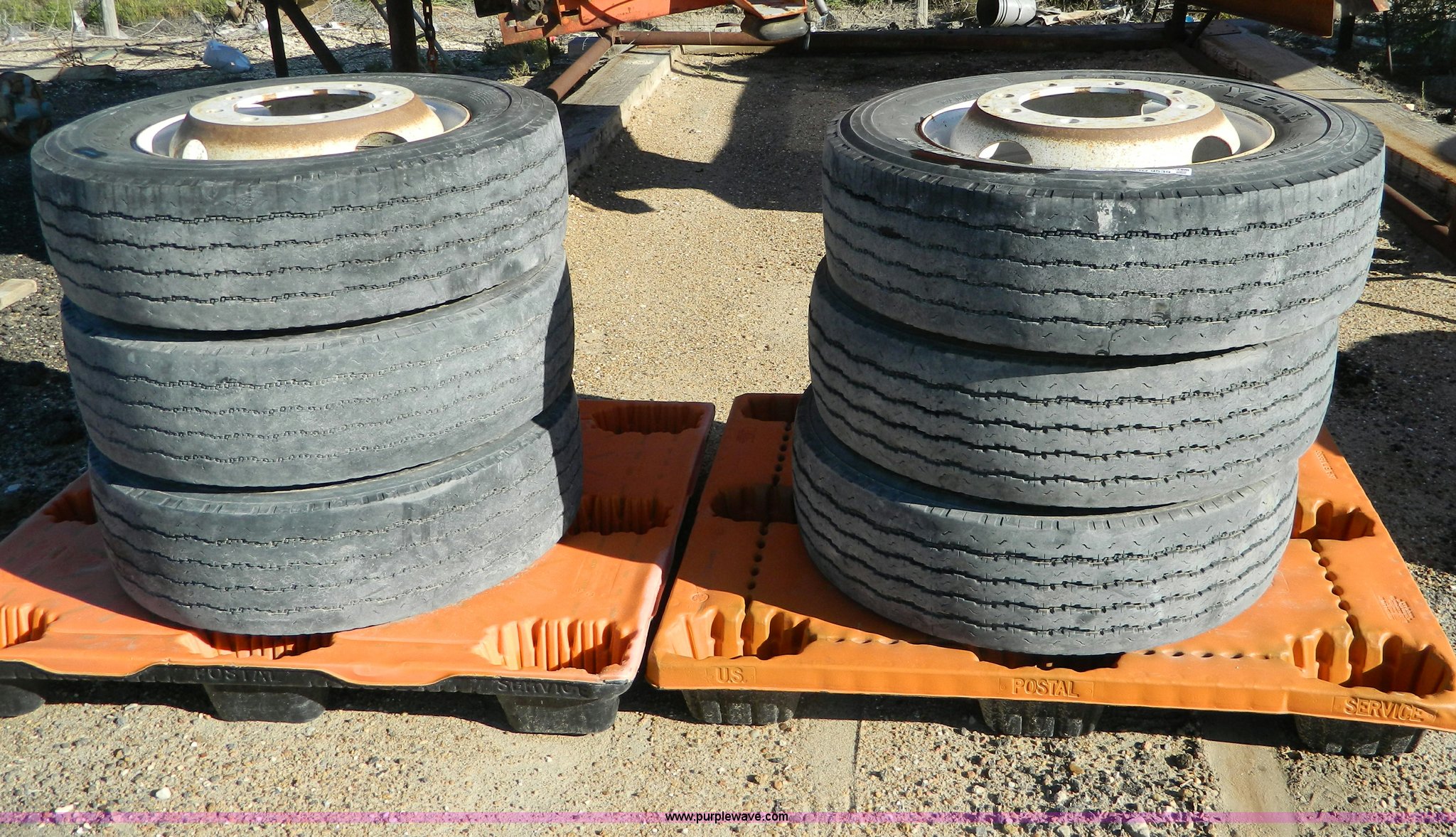 (6) Goodyear G159 245/70R19.5 tubless tires with wheels in Hays, KS Item AD9539 sold Purple Wave