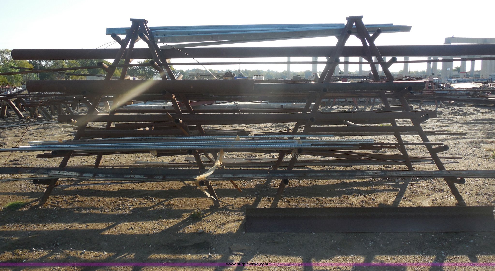 Shop built Aframe steel storage rack with assorted steel in Broken