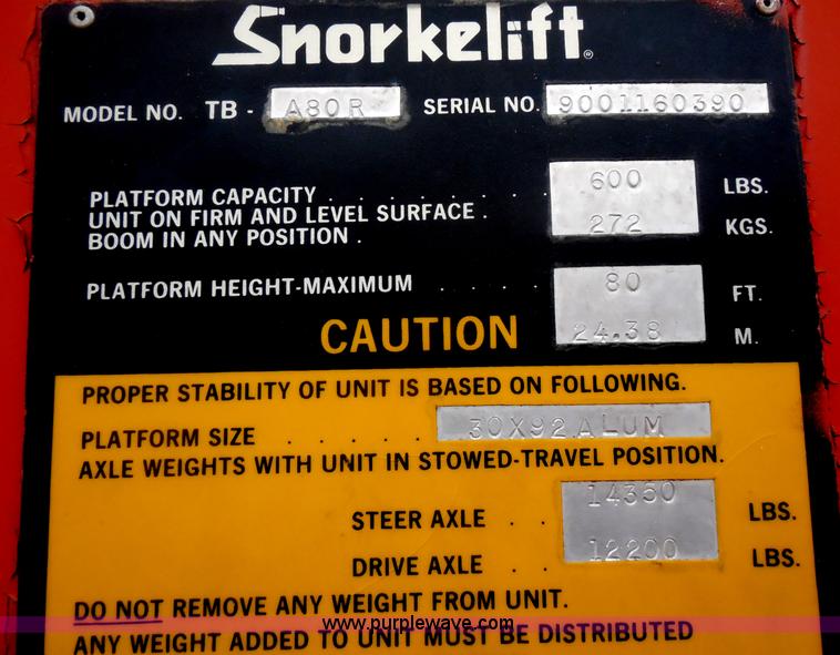 image for item I1263 1990 Snorkel TB-A80R boom lift