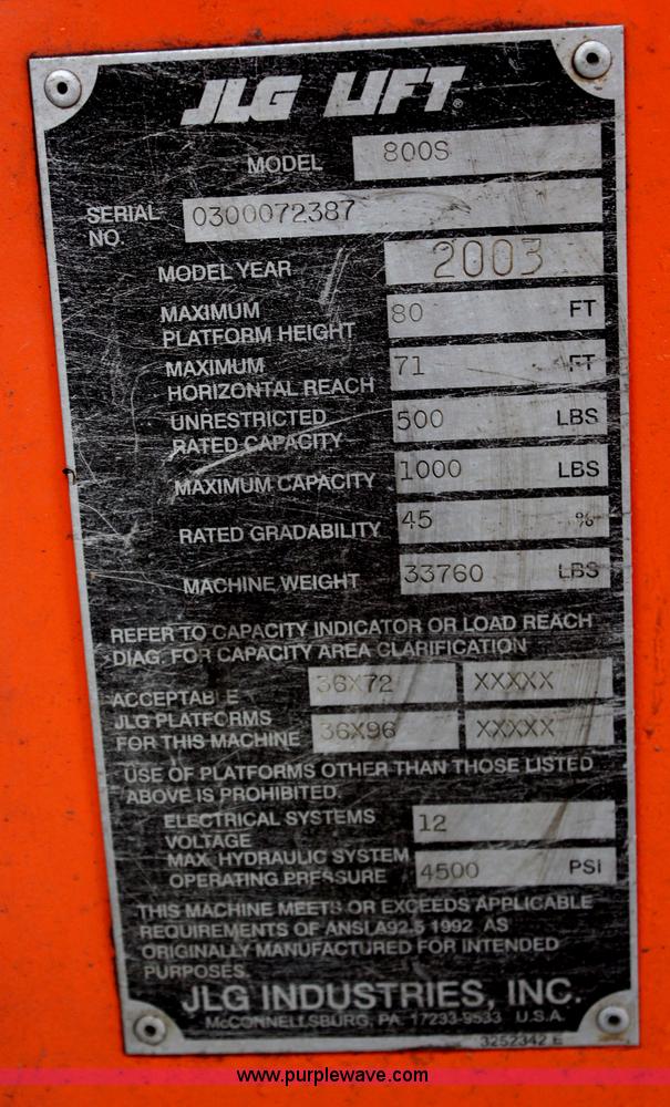 image for item H7962 2003 JLG 800S boom lift