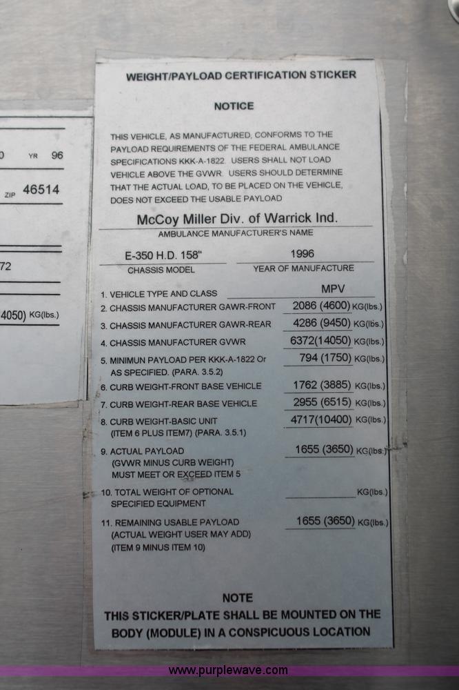 image for item H8349 1996 Ford Econoline E450 ambulance