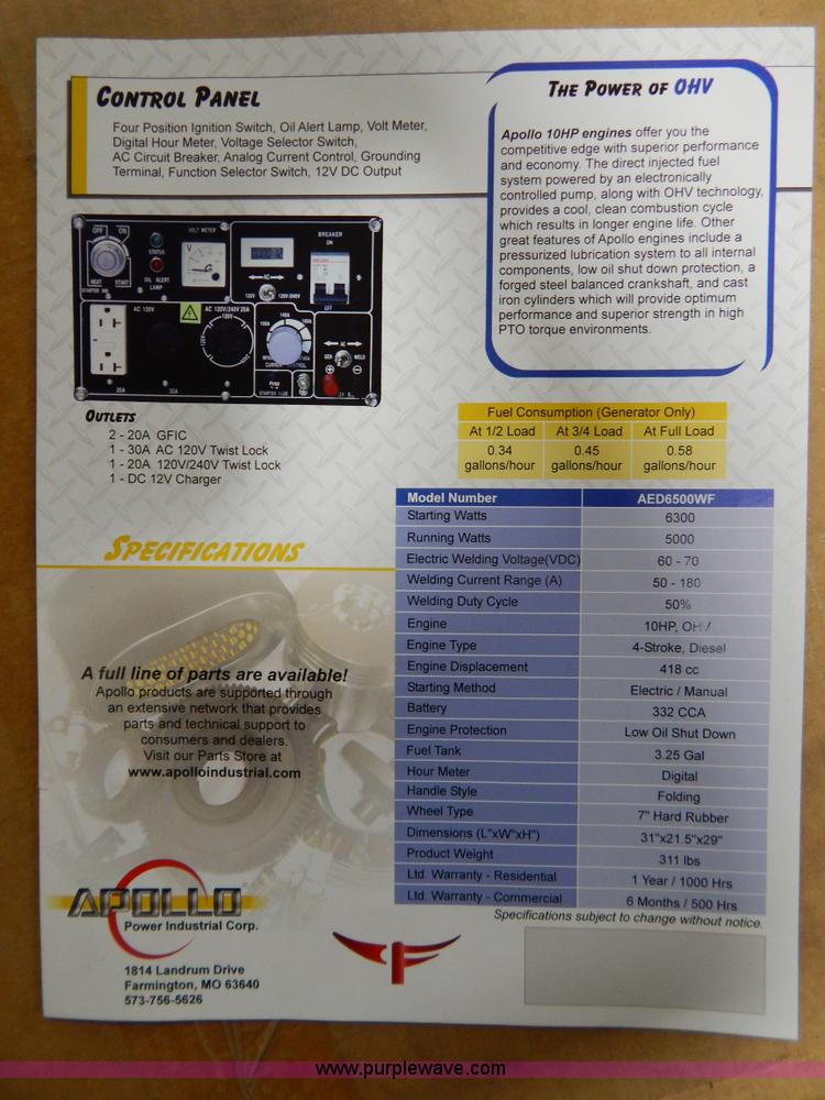 image for item AO9205 Apollo AED6500WF welder generator kit