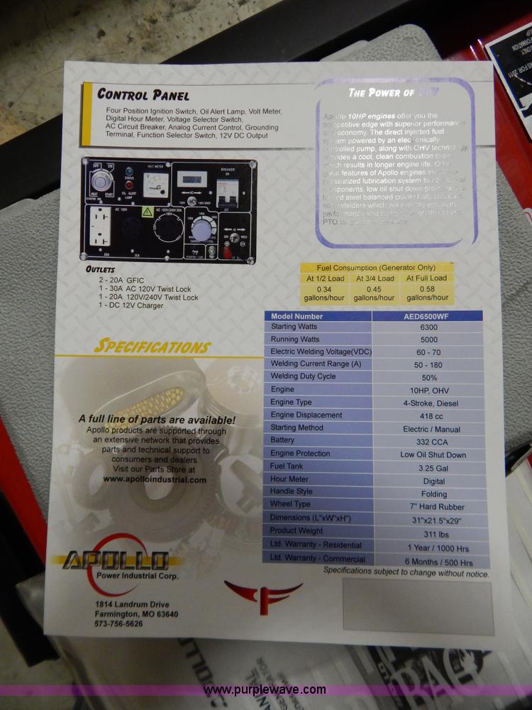 image for item AO9208 Apollo AED6500WF welder generator