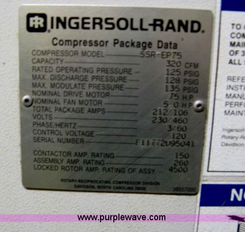 image for item H7836 1995 Ingersoll Rand SSR-EP75 air compressor and dryer