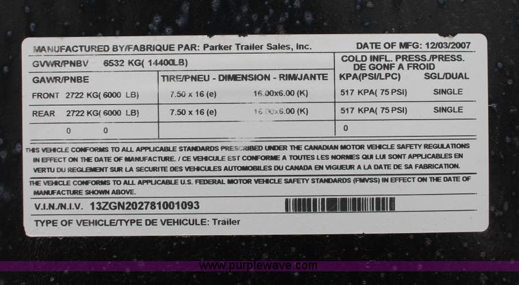 image for item H8362 2008 Parker Performance tandem axle gooseneck trailer