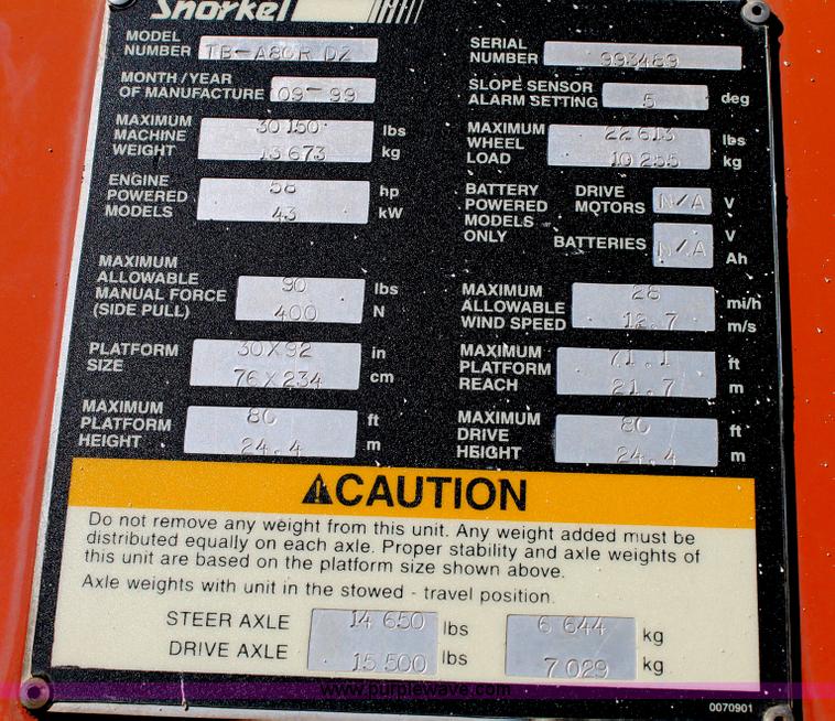 image for item C3670 1999 Snorkel TB-A80RDZ boom lift