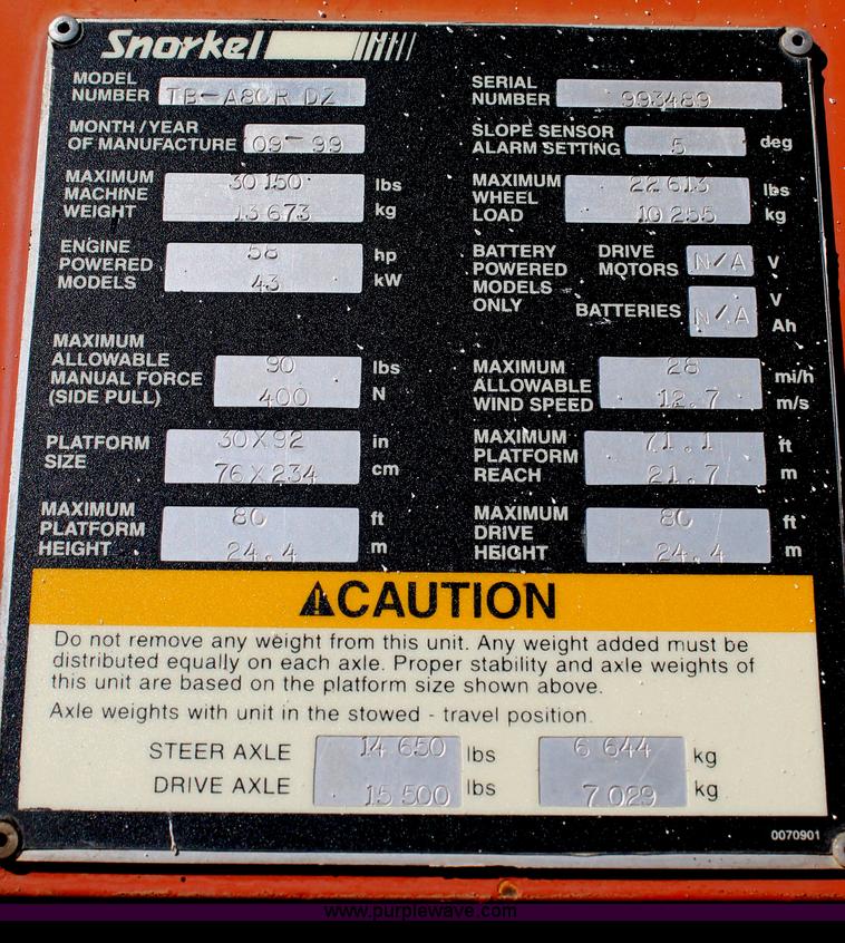 image for item C3670 1999 Snorkel TB-A80RDZ boom lift