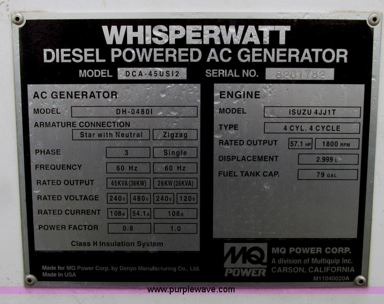 image for item I4937 2009 Multiquip DCA45USI Whisperwatt generator
