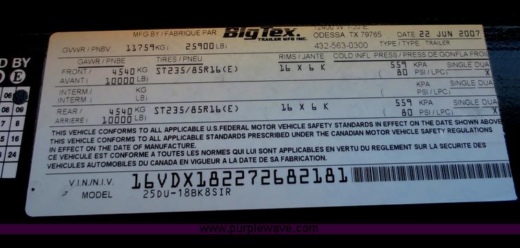 image for item F6759 2007 Big Tex 25DU-18 dump trailer