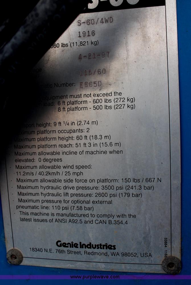 image for item H1382 1997 Genie S60 boom lift