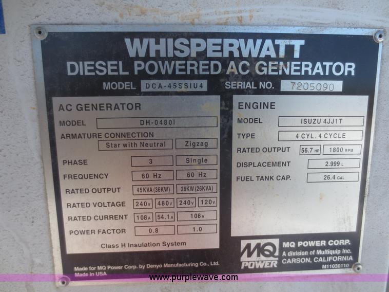 image for item F8190 2011 Whisperwatt DCA-45S5144 AC generator