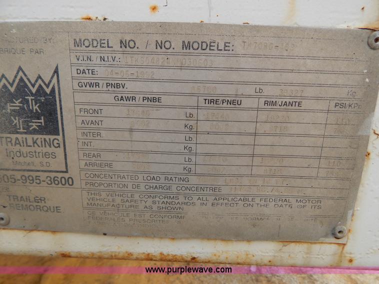 image for item G9360 1992 Trail King TK70RG-482 53' drop deck trailer