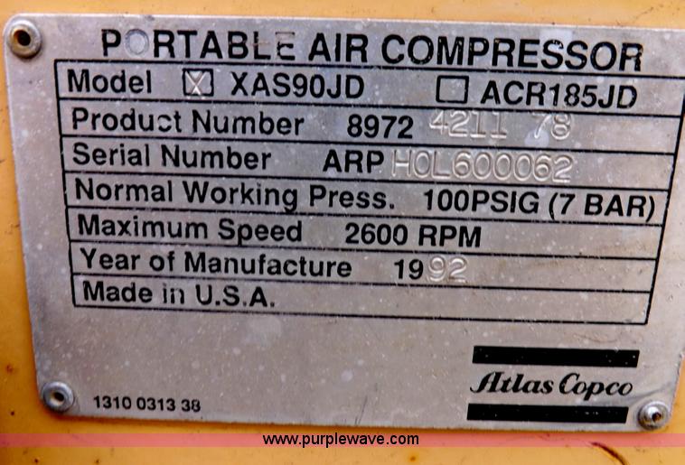 image for item I9115 1992 Atlas Copco XAS90 portable air compressor