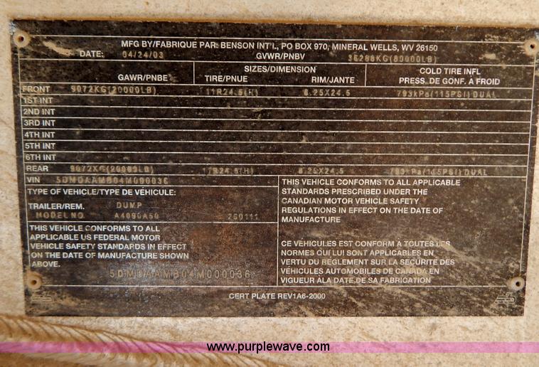 image for item I1102 2004 Benson/Mac A4090A50 aluminum dump trailer