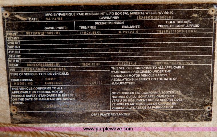 image for item I1102 2004 Benson/Mac A4090A50 aluminum dump trailer