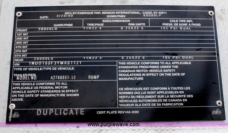 image for item H1341 2000 Benson aluminum end dump trailer