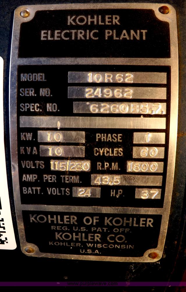 image for item I9029 Kohler 10R62 10KW generator