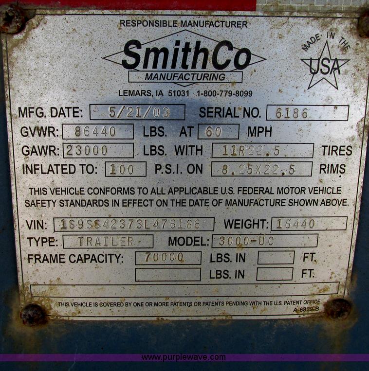 image for item E5414 2003 Smithco 3000VC triple axle side dump trailer