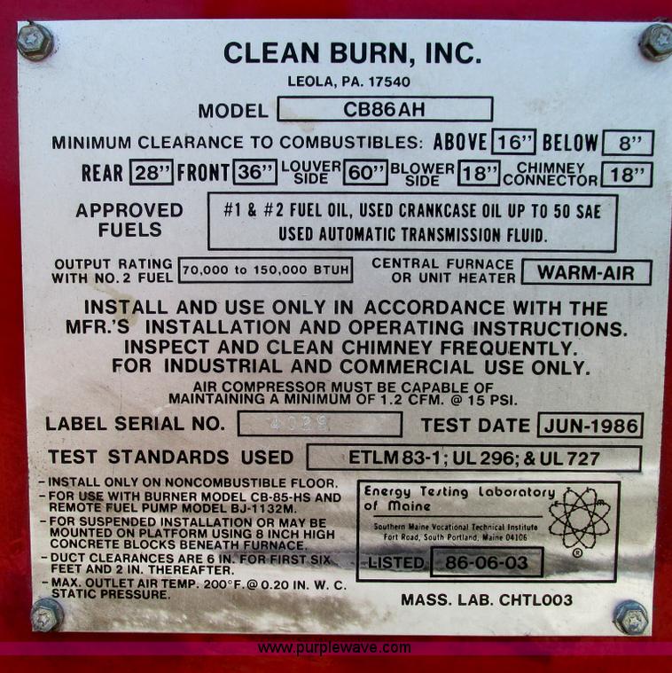 image for item I9745 Clean Burn, Inc. CB86AH oil fired unit heater