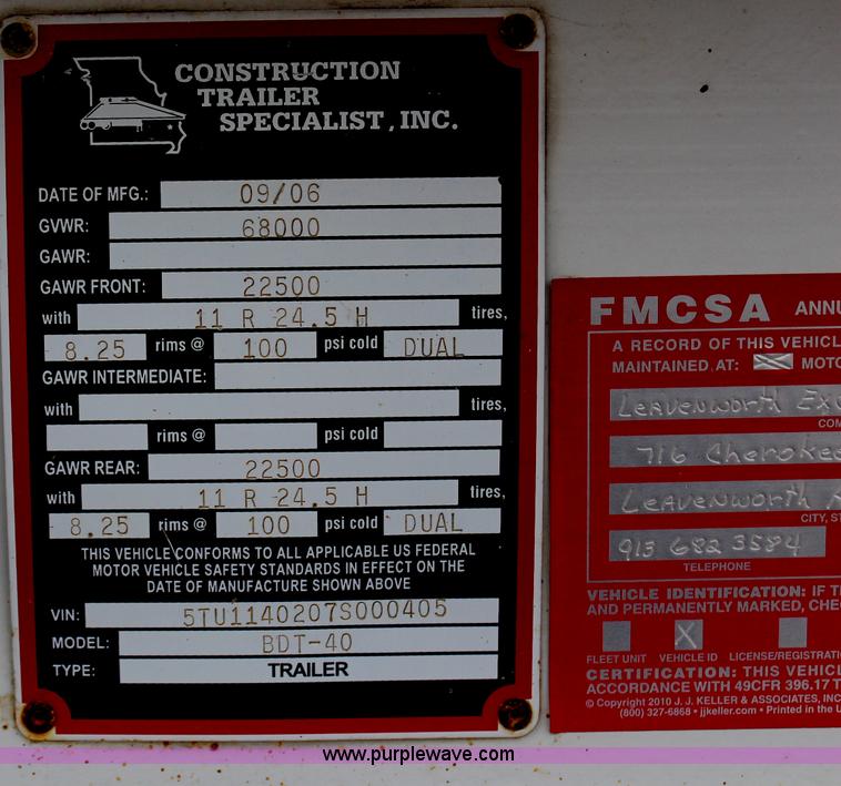 image for item H6160 2007 Construction Trailer Specialist, Inc. BDT-40 belly dump trailer