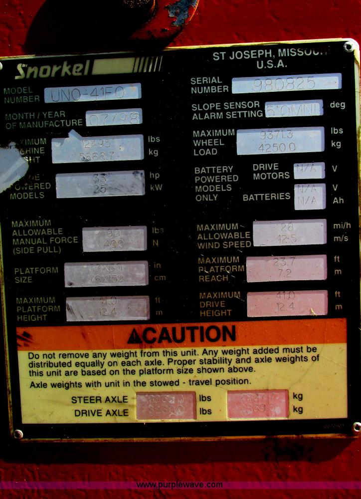 image for item I9686 1998 Snorkel UN0-41F0 boom lift